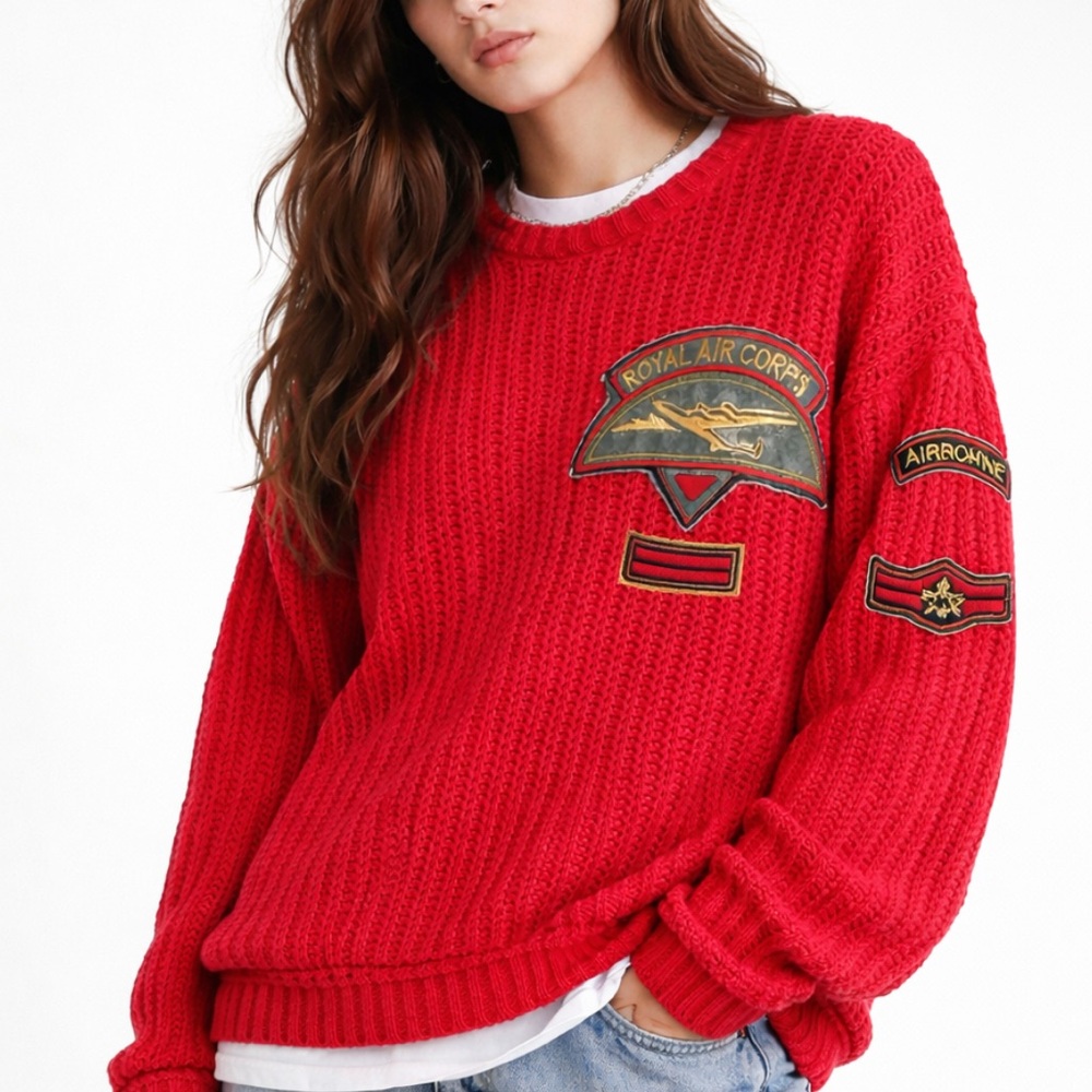 VINTAGE AUDACITY 90s Chunky Knit Military Varsity Patch Novelty Sweater | Size L